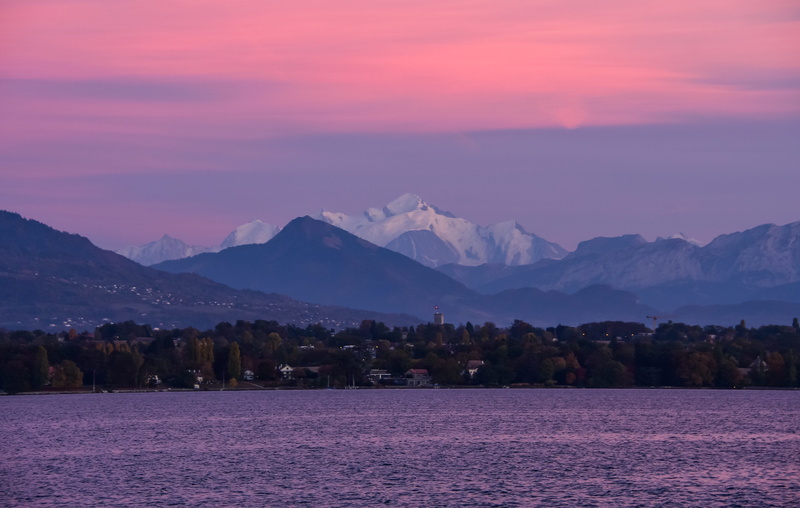 twilight, non-urban scene, beauty in nature, summit, landscape, nature, tranquility, waterfront, scenics - nature, lake geneva, mont blanc, water, sunset