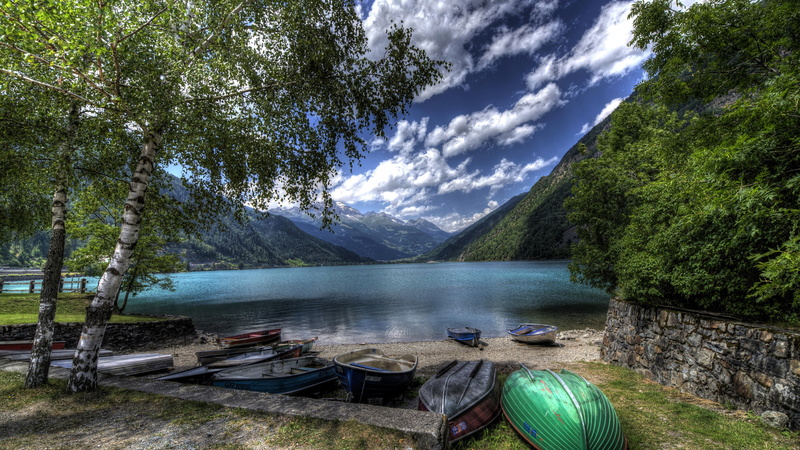 Mountains, Lake, Trees, Shore, Poschiavo, Switzerland, Boats, 4K