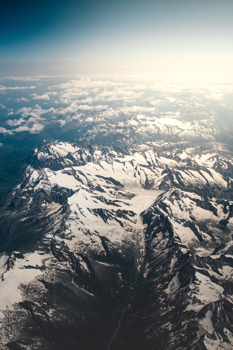 mountain peak, snowcapped mountain, photography, climate, plane, environment, snow, range, landscape, sunrise, tranquil scene, glacier, fly, sky, view