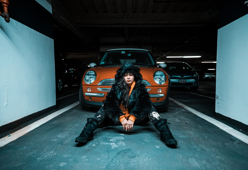hairstyle, women, indoors, lot, young adult, portrait, woman, near, cooper, fashion, garage, car, facing camera, 5K, pavement, young women, sitting, hair