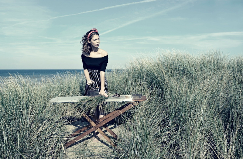 women outdoors, bare shoulders, strapless dress, looking away, hair band, 1080P, polka dots, barefoot, brunette, Conceptual, women