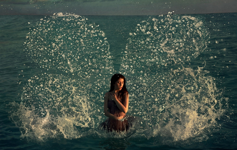 4K, digital art, women, Conceptual, brunette, photo manipulation, in water, women outdoors
