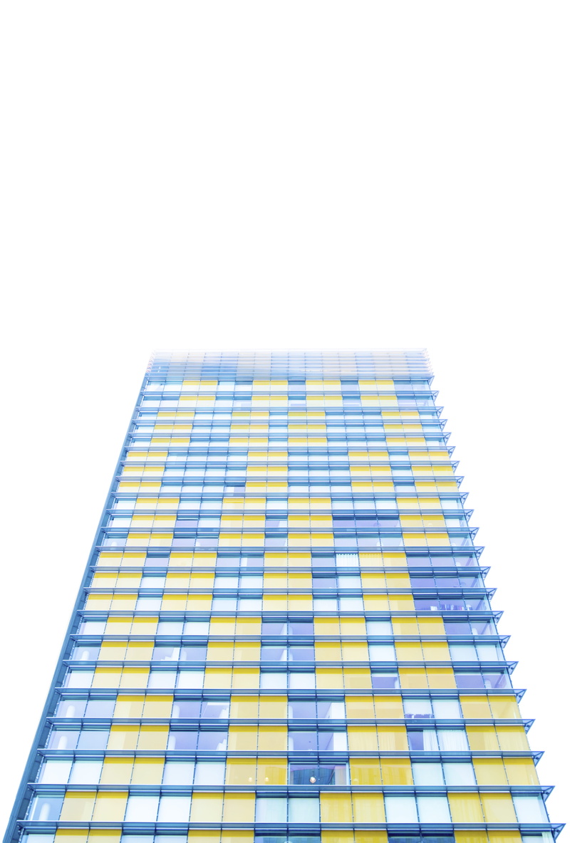 building exterior, cut out, sky, saturation, window, studio shot, color, outdoors, office, no people, glass, united states, building, low angle view, yellow
