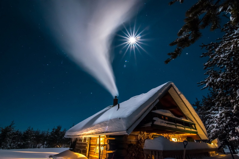 moonlight, snow, outdoors, 2K, space, low angle view, building exterior, no people, space and astronomy, star - space, beauty in nature, wood house nature landscape chimneys smoke moon moonlight winter trees snow night stars forest