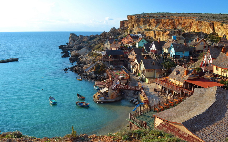 malta, gallery, cities, cliff, buildings, mellieha, sea, boats, 1080P, landscapes, ocean, houses, shore, coast, image