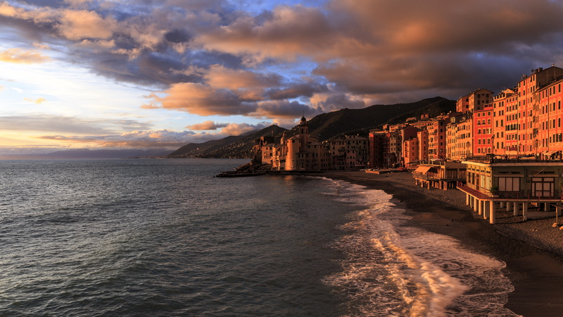 Camogli, Liguria, basilica, beach, travel, 5K, sunset, shore, Italy, sea