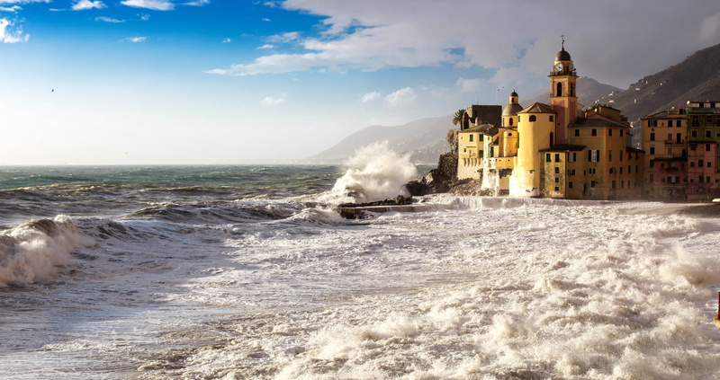sea, travel, 5K, shore, Church, Italy, Camogli, basilica, Liguria, wave, beach