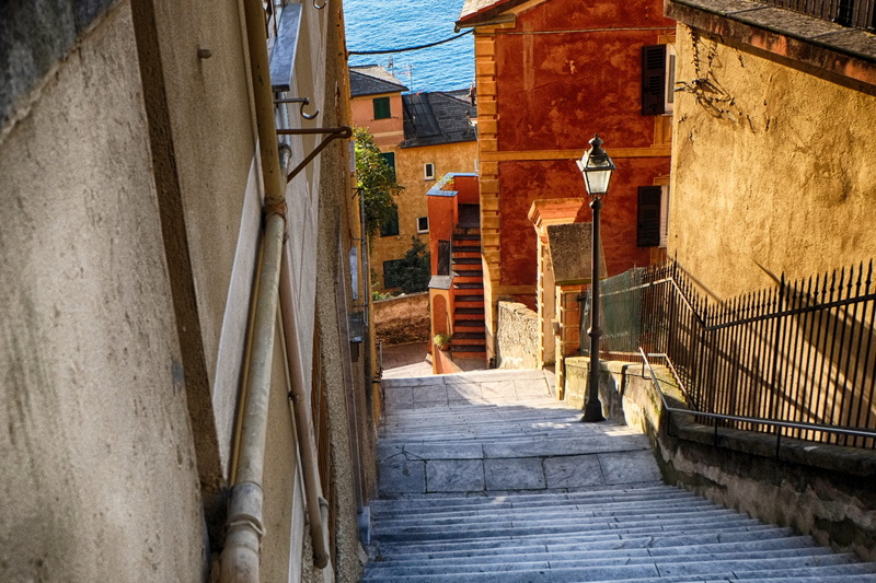 architecture, railing, landscape, nature, alley, liguria, staircase, italy, day, water, building exterior, camogli, sunlight, sea, residential district