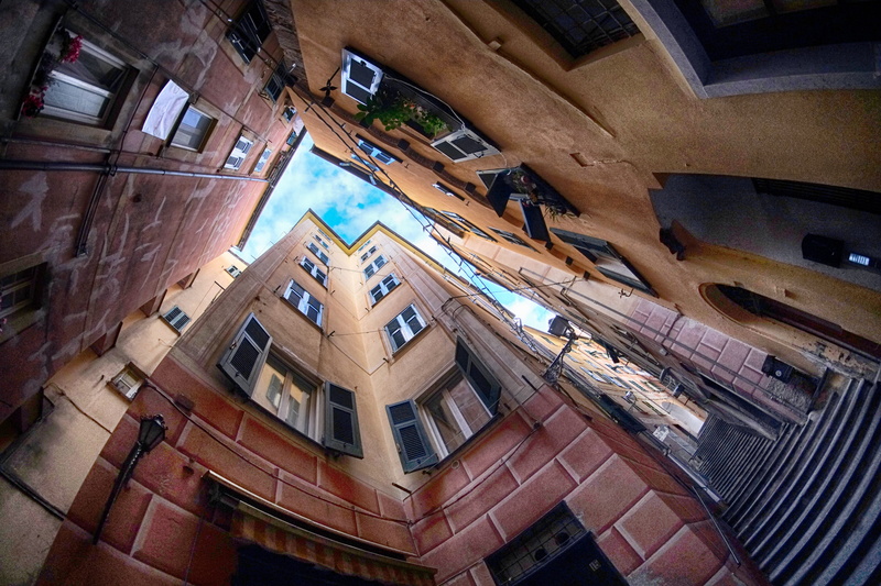 built structure, directly below, italy, staircase, architecture, fish-eye lens, wall - building feature, summer, water, day, window, city, trip, 4K, building exterior
