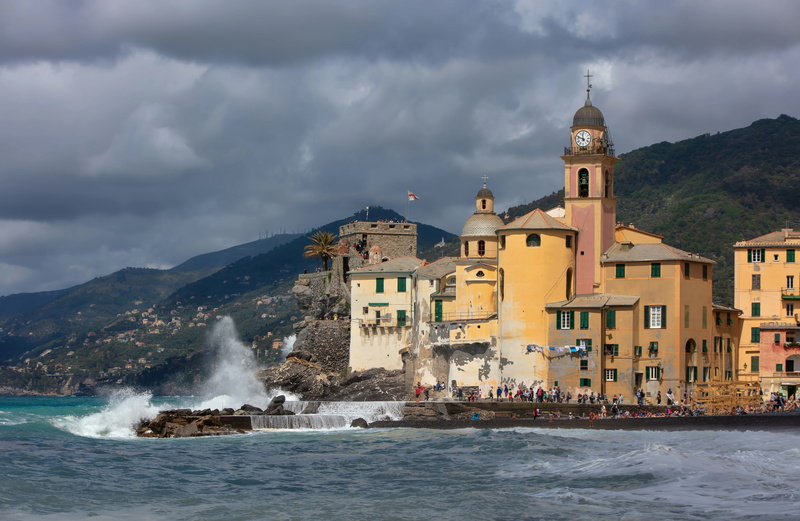 8K, wave, building, people, mountain, church, architecture, waterfront, nature, beach, sea, building exterior, outdoors, splash, sky, water, clock, place of worship