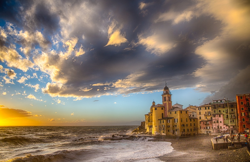 beach, Church, shore, Camogli, sea, Liguria, basilica, travel, Italy, 4K