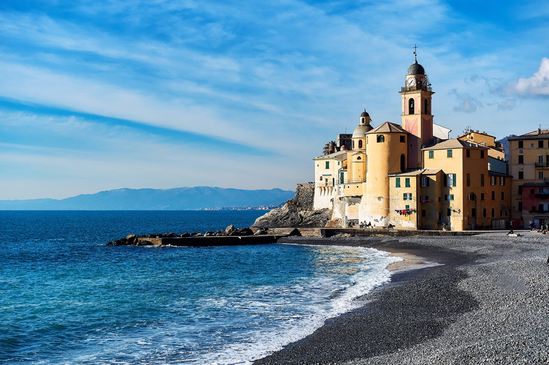 sea, beach, Liguria, travel, Italy, 4K, basilica, Camogli, Church, shore