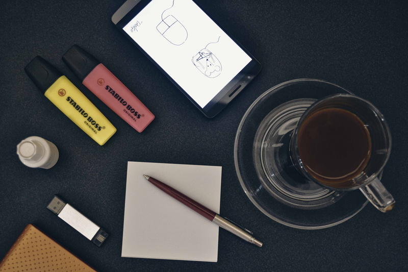 coffee - drink, Cyber, directly above, Design, still life, stabillo, process, Designer, beside, ink, 4K, brown, stuff on a desk, day, flat, no people