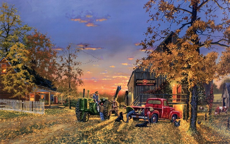 Fall, landscapes, seasons, Thanksgiving, Farm, tractor, Country, 1080P, holidays, dave, autumn, artistic, People, vehicles, paintings, barnhouse