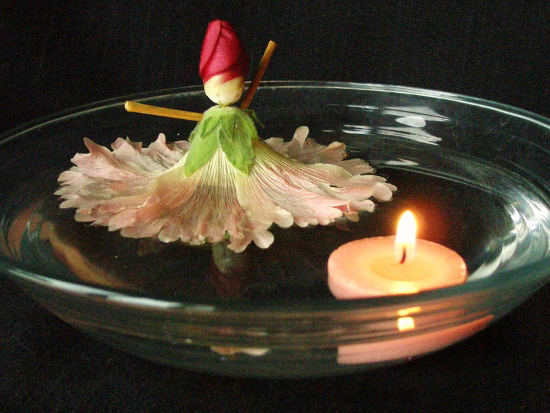 candle, close-up, made, floating, light, hollyhock doll, centerpiece, nature, food and drink, water, plate, fire - natural phenomenon, pink, tea light