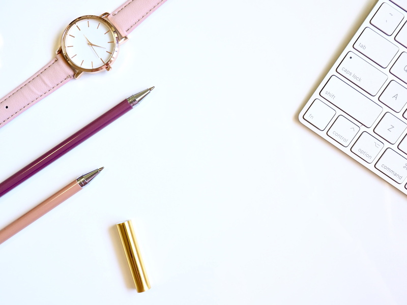 journal, directly above, pens, pretty, workspace, colored, still life, feminine, watch, gold, pen, writing instrument, white background, simple, time, studio shot
