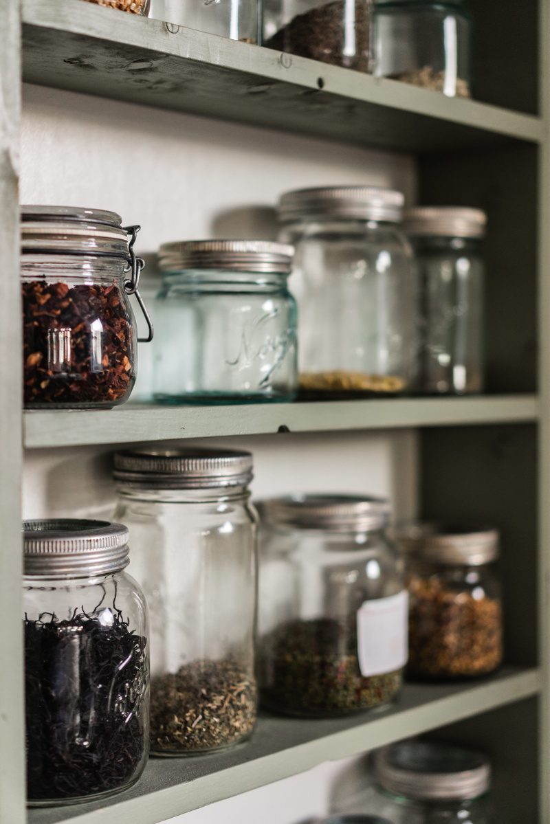 cupboard, furniture, plant, mixer, mason jar, close-up, food, container, still life, tea, tidy, cosy, pantry, tight, 5K, jar, indoors, shelf, leaves, side by side