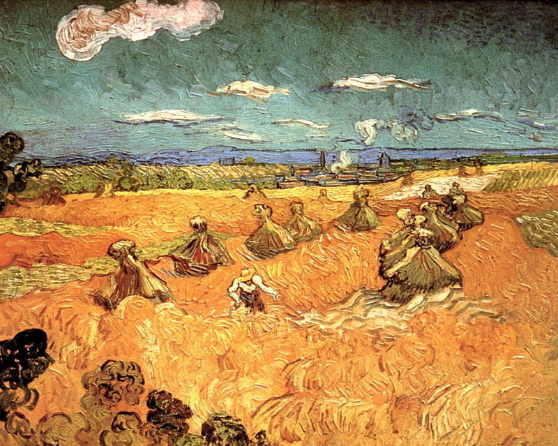 1080P, field, Vincent van Gogh, workers, painting, landscape, classical art, artwork, plants, classic art
