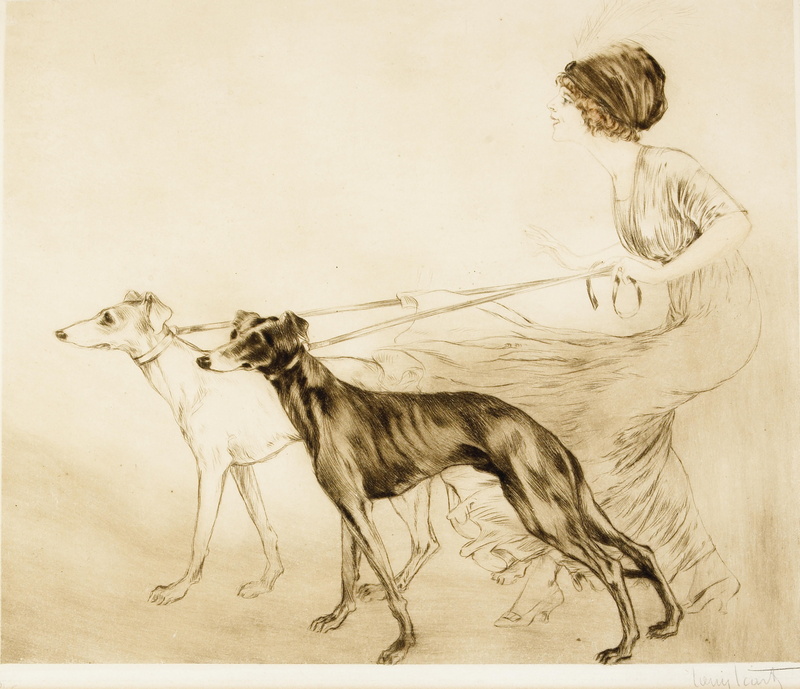 art Deco, Louis Icart, dry needle, Hunting with hounds, 1913, etching, 2K