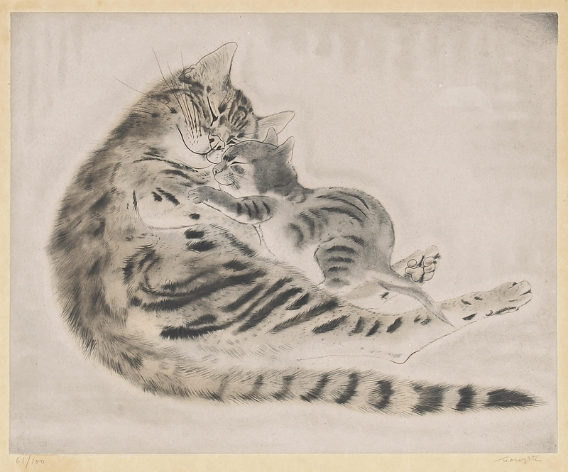 Cat and kitten, 1929, tenderness, Tsuguharu, 1080P, kindness, etching and aquatint in color, Fujita