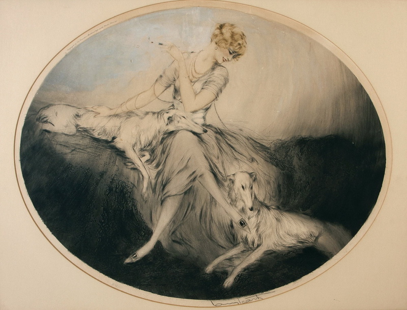 elegant, 1080P, 1923, Louis Icart, Friends, etching and aquatint, art Deco, woman with dogs