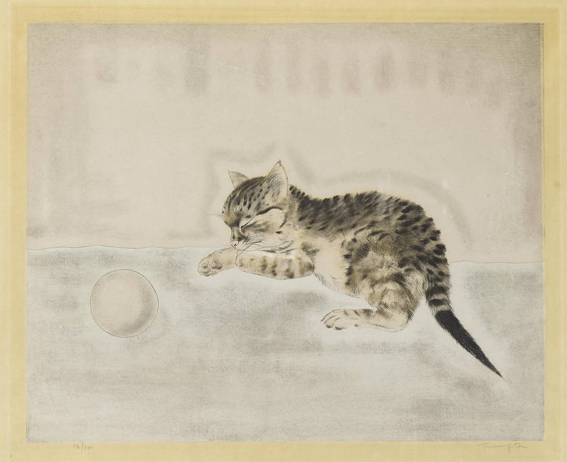 sleeping kitten, Tsuguharu, 1929, Sarton ball, etching and aquatint in color, 1080P, Fujita