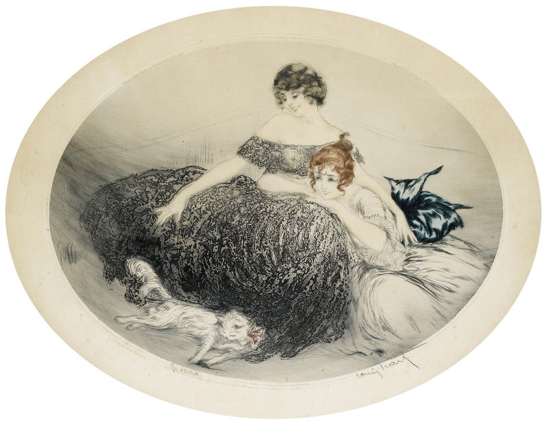 smile, 2K, white cat, etching and aquatint, 1924, art Deco, Louis Icart