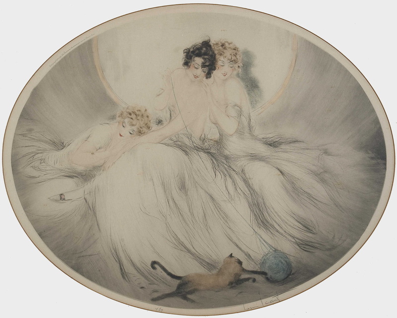 art Deco, The ball of yarn, three girls, Siamese cat, 1924, 1080P, etching and aquati, Louis Ikar