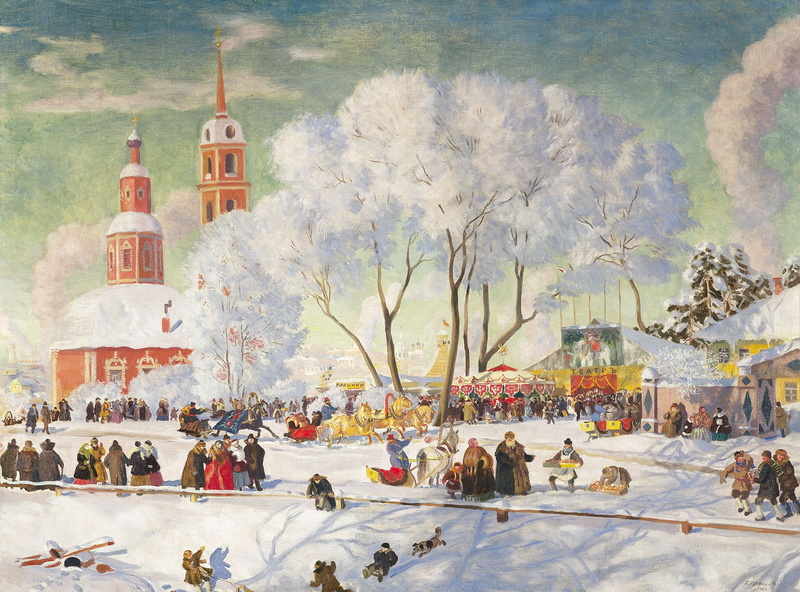 1080P, winter, canvas, people, oil, Church, trees, temple, Boris KUSTODIEV, Carnival. 1920
