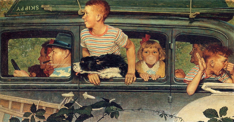 Illustration, dog, adults and children, machine, Norman Rockwell, trip, 1080P