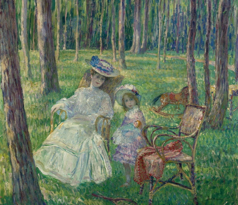 hat, day, girl, male likeness, Mother and daughter, copil, 1080P, henri lebasque, nature, trunk, painting, pictura, creativity, mother, woman, child, art and craft