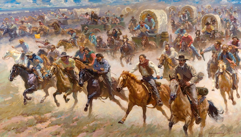 luminos, painting, horse, Oklahoma land rush, oklahoma, 1080P, land rush, pictura, art, people, man