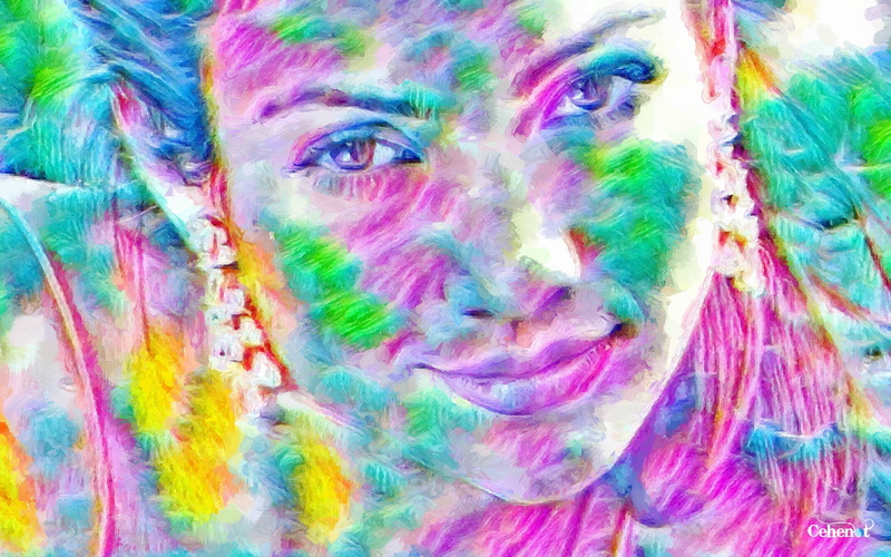 full frame, dyed hair, art and craft, young adult, women, multi colored, backgrounds, close-up, human body part, looking at camera, woman, by cehenot, pictura