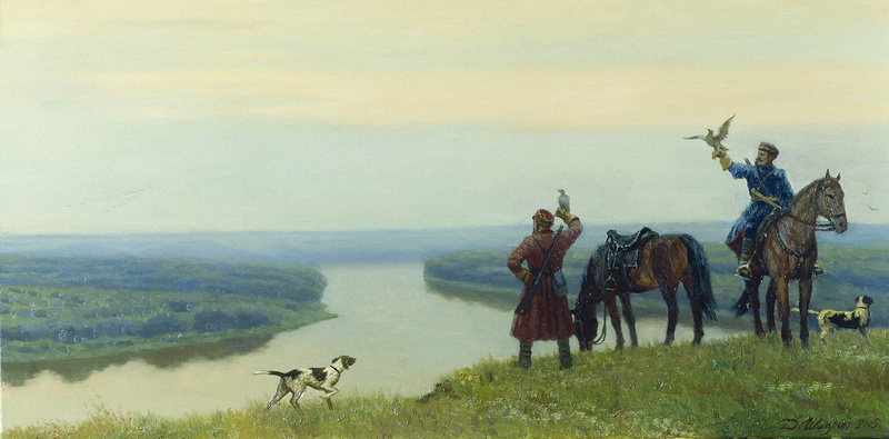 horse, pictura, art, hawk, painting, :-), 1080P, dog, man, soimati, water, bird