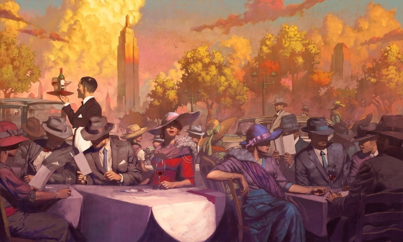 red, tyler jacobson, woman, pictura, art, 720P, ♥, table, hat, purple, painting, blue, people