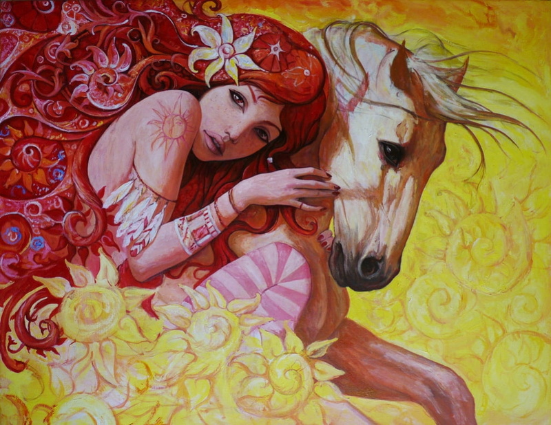 pink, yellow, girl, pictura, painting, white, flower, horse, art, ♥, 480P, redhead