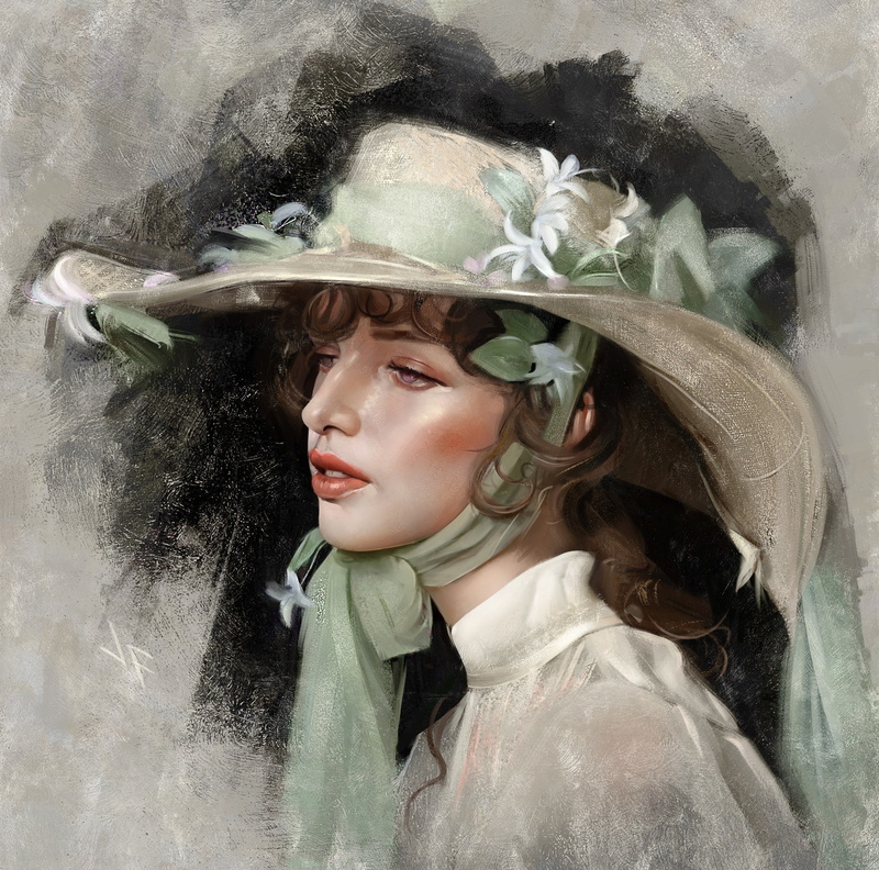 close-up, young adult, real people, innocence, females, hat, indoors, justine florentino, hairstyle, looking away, art, looking, young women, hair, girl
