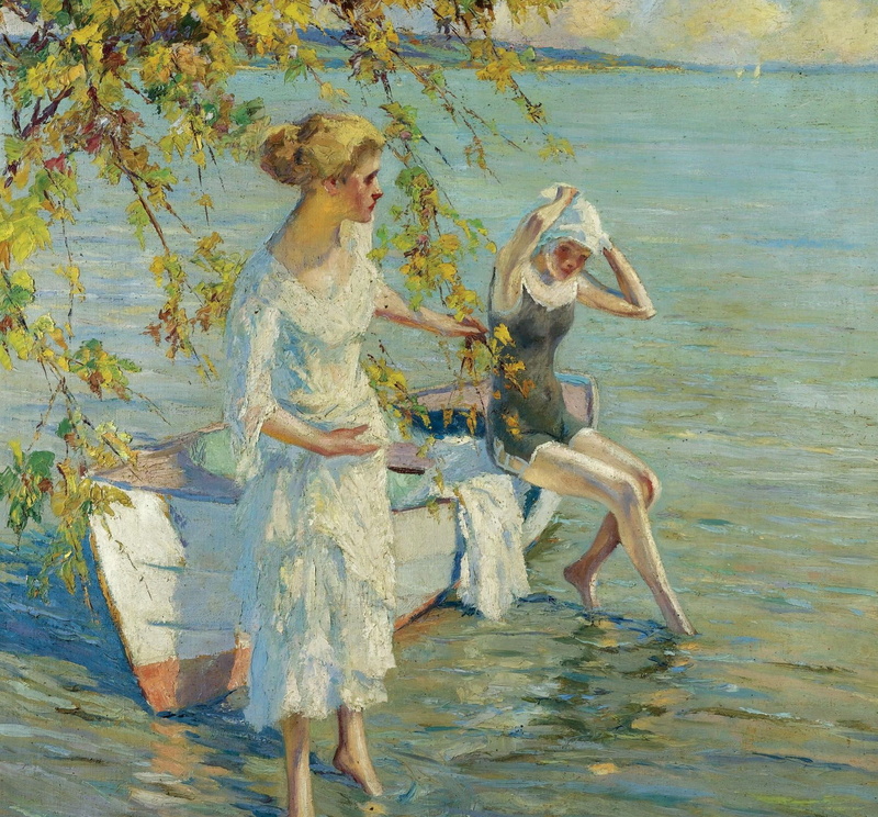 Edward Cucuel, Bathers, girls, 1080P, picture, boat