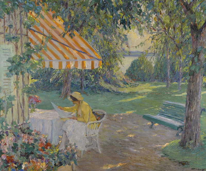 girl, Edward Cucuel, Summer on Lake Starnberg, picture, bench, 1080P