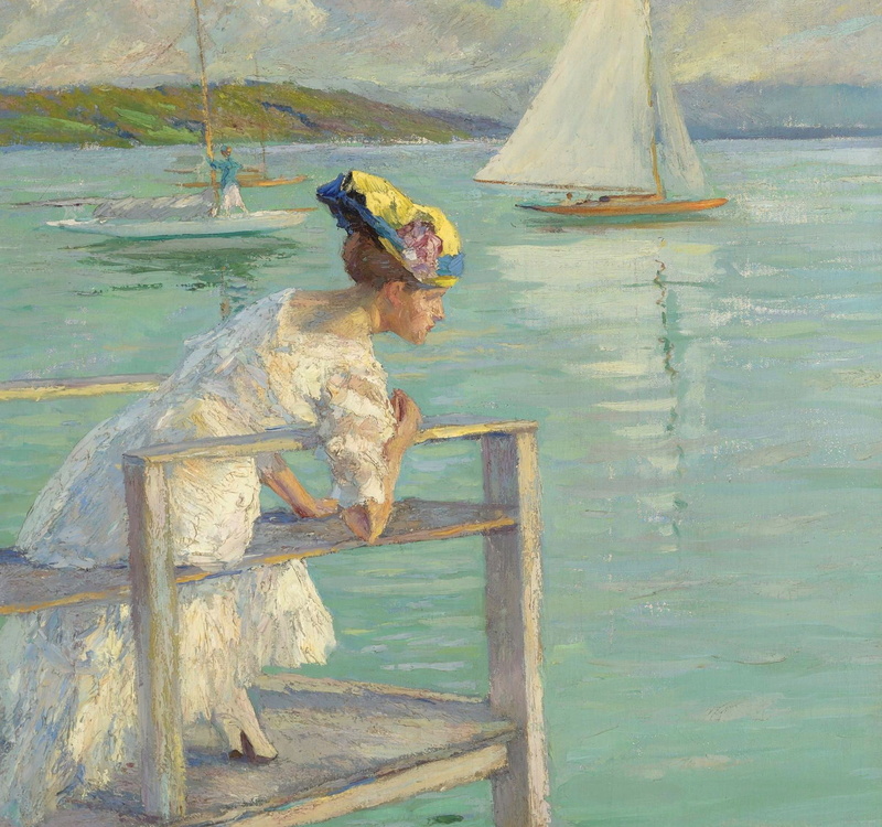 boat, Edward Cucuel, picture, On The Dock, 1080P, sail, girl