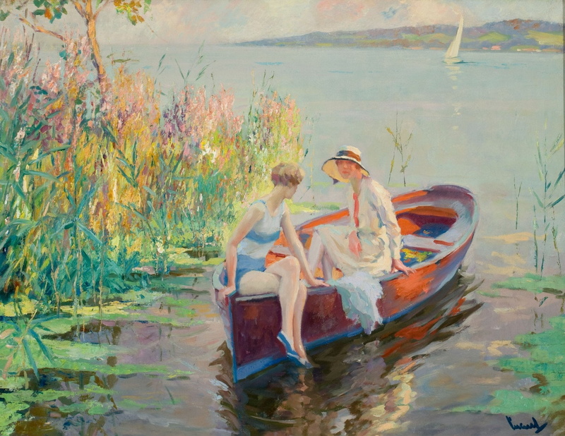 two people, young men, pictura, people, water, woman, lifestyles, leisure activity, young women, summer, lake, nature, Summer reflections, bonding, painting
