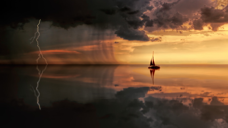 rain, digital composite, dramatic sky, thunderstorm, city, dawn, cloud - sky, scenics - nature, built structure, sailing boat, reflection, boot, building exterior