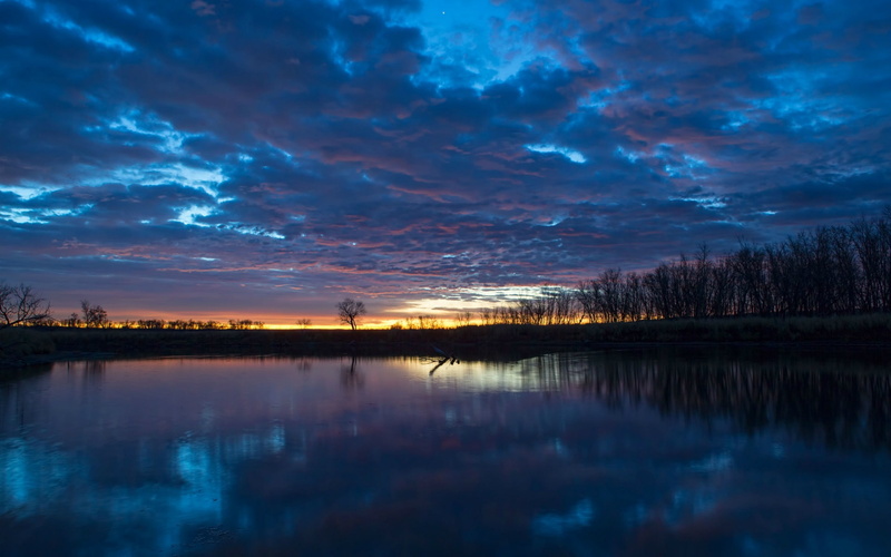 Nature, Trees, near, Quiet, Sunrise, River, Clouds, silhouette, body, Reflection, Sky, Water, 1080P, Thick
