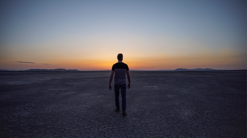 person, sunset, deserted, outdoors, environment, rear view, one Person, copy Space, guy, tranquil scene, horizon, contemplation, tranquility, lifestyles