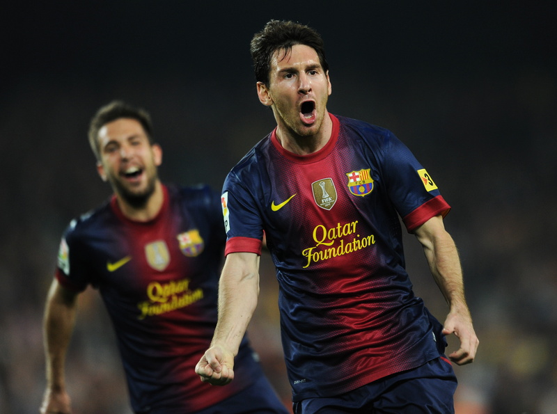 casual clothing, three quarter length, two people, lionel, excitement, happiness, adult, sport, goal, Barcelona El Classico, mouth, Jordi Alba, the celebration