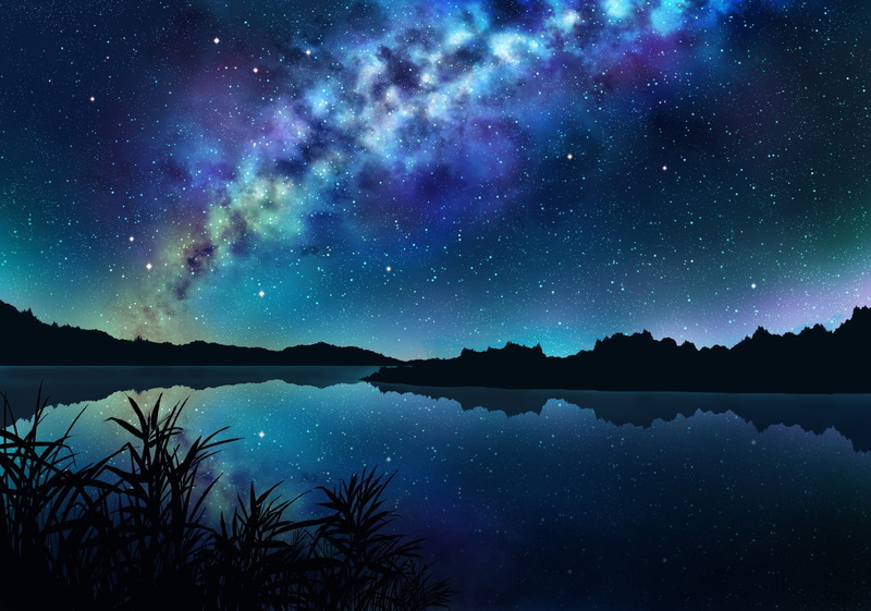night, dark, landscape, Nobody, water, sky, grass, stars, 720P, trees, reflection