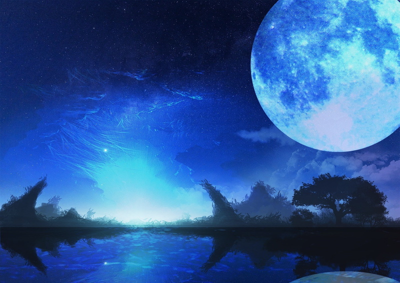 trees, stars, Moon, Nobody, monochrome, 720P, sky, water, blue, night