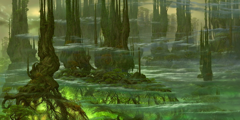 green, trunk, reflection, scenics - nature, fantasy art, artwork, sky, Nobody, tree trunk, green color, Kazumasa Uchio, day, growth, tranquil scene, lake