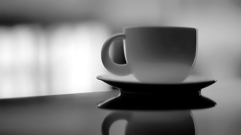 selective focus, close-up, coffee cup, ceramics, reflection, light, mirror, 5K, dark, focus on foreground, cup, stack, cappuccino, blur, crockery, pause