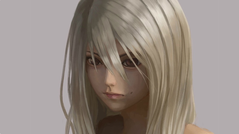 mole, art, bangs, Keita Kobayashi, brown eyes, portrait of a girl, face, grey background, blonde, 1080P